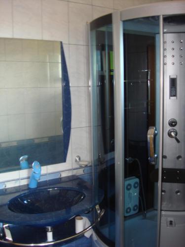 un bagno con lavandino e doccia con specchio di Villa Sunray a Topola