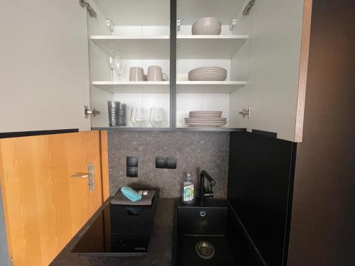 a kitchen with a sink and shelves with dishes at M14 - Innenstadt Studio in Stuttgart Zentrum in Stuttgart