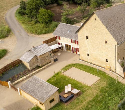 an aerial view of an old building with a basketball court at Gite le crespin in Antrenas