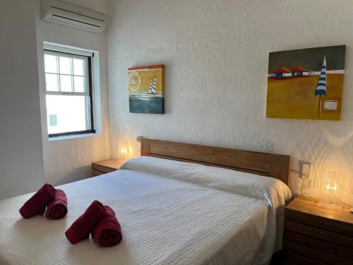 a bedroom with two beds with red pillows on them at ATALAIA 11 by SOM Menorca in Fornells