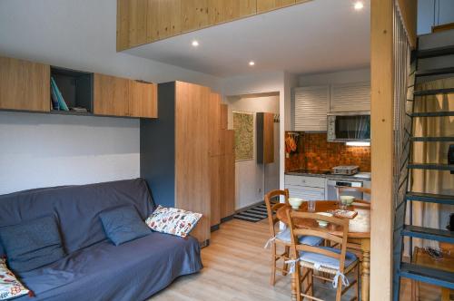 un salon avec un canapé et une table et une cuisine dans l'établissement Cosy Studio Mezzanine, à Allevard
