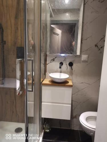 a bathroom with a sink and a toilet at Niesamowita nowoczensa kawalerka in Otwock
