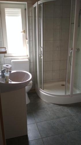 a bathroom with a shower and a sink and a toilet at Kati Appartmann in Balatonberény