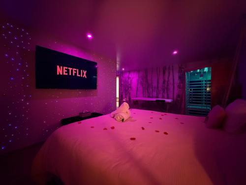 a bedroom with a bed with a netflix sign on the wall at L'Évasion des Sens - Spa Sauna Hammam Jacuzzi in Bray-sur-Somme