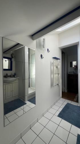 une salle de bain avec une douche, un lavabo et un miroir dans l'établissement LeLoft au dessus des Pins, à Lacanau