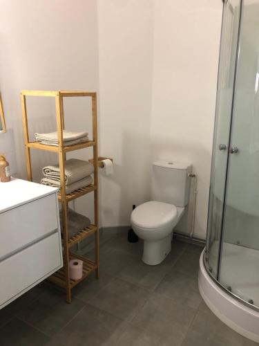 a bathroom with a toilet and a glass shower at Aldebaje in Le Tréport