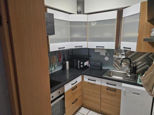 a kitchen with white cabinets and black counter tops at Radoslove Apt in Radovljica