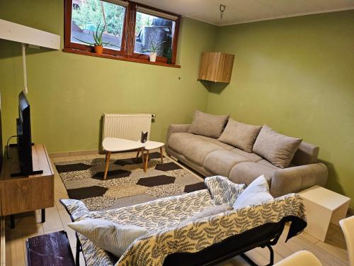 a living room with a couch and a tv at Radoslove Apt in Radovljica