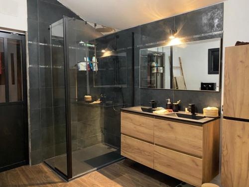 un bagno con doccia e lavandino di Maison 4 chbs avec jacuzzi, au pied de la piste cyclable a Lacanau-Océan