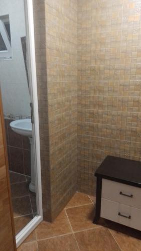 a bathroom with a shower with a sink and a toilet at Семейныи номер двумя спальнями in K'obulet'i