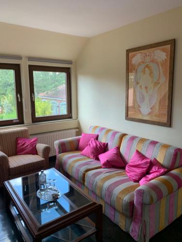 a living room with a couch with pink pillows at Hotel Alte Straßenmeisterei in Eutin