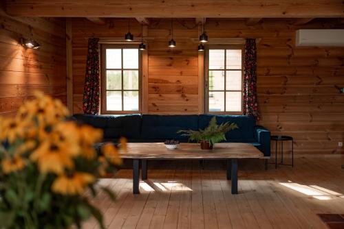 a living room with a blue couch and a coffee table at Osada Dębno 
