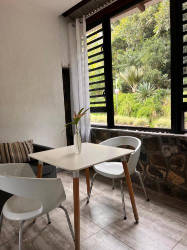 a white table and chairs in a room with a window at Joubarbe Residence in Moka