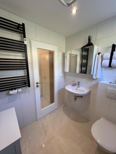a bathroom with a toilet and a sink and a shower at Kirchheim Hessen in Kirchheim