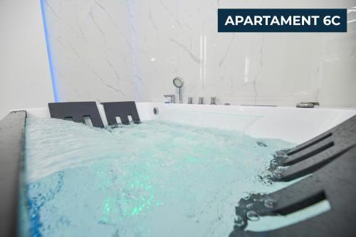 a bathroom with a tub with water in it at Słoneczne Wzgórze Zator in Zator