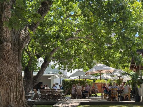 a group of people sitting at tables under a tree at La Paris Estate in Franschhoek