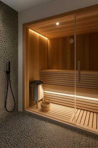 a bathroom with a sauna with a shower stall at VistaWave Sea View Villa in Gialova