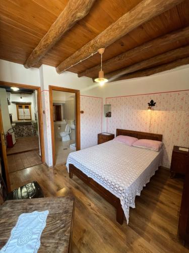 a bedroom with a large bed and a bathroom at Rooms Poli Luce - Room Franica in Gračišće