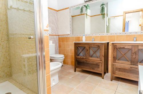 a bathroom with a toilet and a sink and a shower at Casa Jema in Torrox