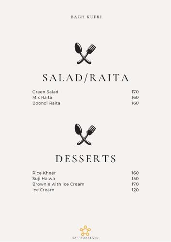 a menu for a restaurant with a pair of scissors at SaffronStays Bagh Kufri in Kūfrī