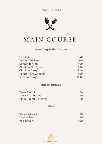 a menu for a main course with a pair of scissors at SaffronStays Bagh Kufri in Kūfrī
