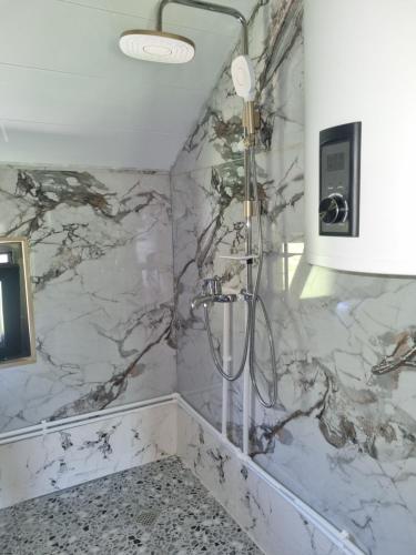 a bathroom with a shower with marble walls at Vista Adishi in Adishi