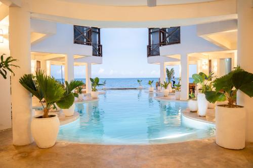 a swimming pool with palm trees in a building at ZAN Tropical Island in Bwejuu