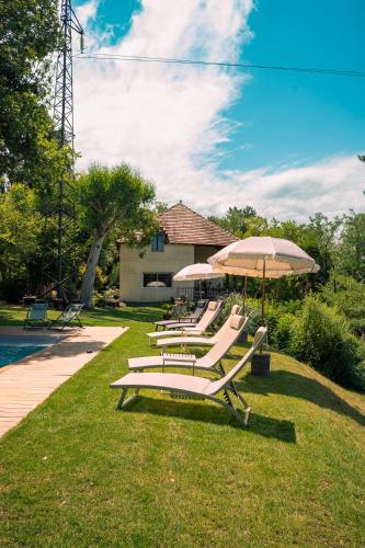 a row of lounge chairs with umbrellas on the grass at La Maison de Judith Chambres d hôtes in Orthez