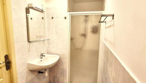 a white bathroom with a sink and a shower at Ruime vakantie accommodatie in rustige, landelijke omgeving in Seuzey