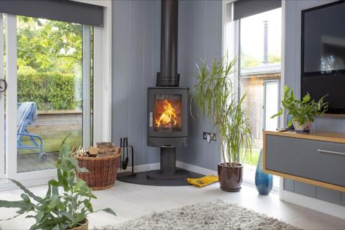 a living room with a wood stove in a room at The Levels, Strawberryfield Park, Cheddar in Cheddar