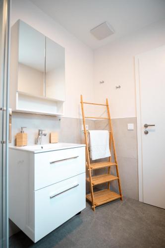 a kitchen with a ladder next to a sink at OpenSky Wörthersee Lodge in Pörtschach am Wörthersee