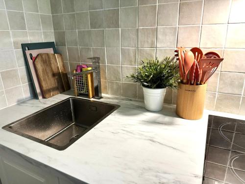 - un comptoir de cuisine avec évier et quelques ustensiles dans l'établissement Planta baja con piscina en Caldegas, à Bourg-Madame