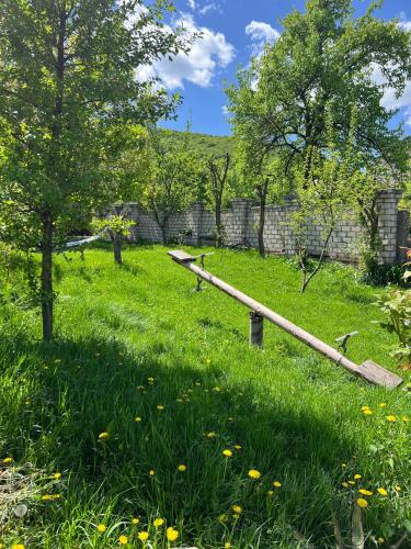 a fallen log in a field of grass with trees at BIG HOUSE in Dilijan