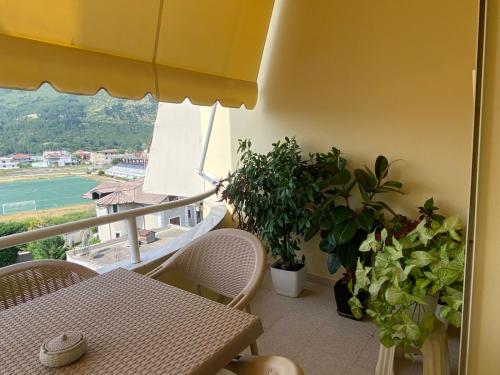 a balcony with a table and chairs and plants at Sava's House in Berat