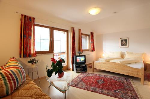 ein Wohnzimmer mit einem Bett und einem TV in der Unterkunft Haus Hochfeld in Angerberg