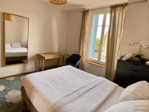 a bedroom with two beds and a mirror and a window at Appartements de Diane - JOIGNY in Joigny