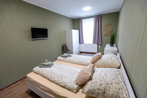 a room with three beds and a television in it at Park Apartman in Sarród