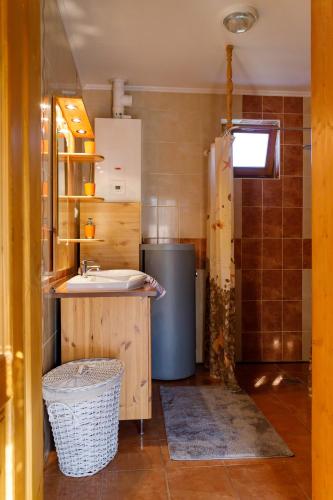 a small kitchen with a sink and a refrigerator at Rózsa-Domb Vendégház in Golop