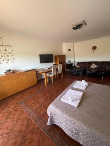 a room with a bed and a table with a television at Lagos Royal Rooms and Suites in Lagos