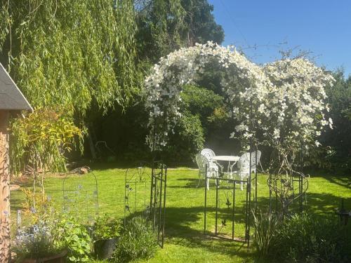 a table and chairs in a yard with a flowering tree at Pandy B&B in Dorstone