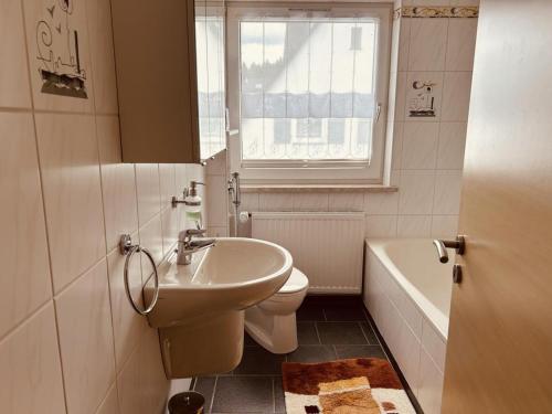 a bathroom with a sink and a toilet and a window at NEU Ferienwohnung Gudrun in Helmbrechts
