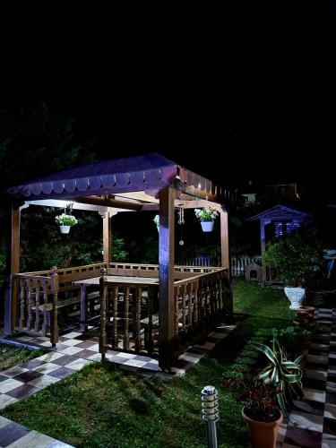 a wooden gazebo with a blue roof at night at Guest House Pulake in Berat