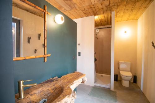 bagno con lavandino in legno e servizi igienici di A Terra - Villa à 200m de la mer a Pianottoli-Caldarello