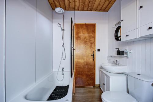 a bathroom with a shower and a toilet and a sink at Chalet Sophie - Proche station de ski in Les Angles