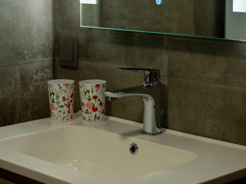 a bathroom sink with a faucet and two cups on it at Vakantiehuisjes "De Veldzijde" in Losser