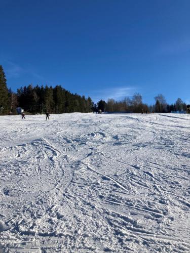 a field covered in snow with people skiing on it at Apartmány Na Vyhlídce - Wellness in Horní Planá