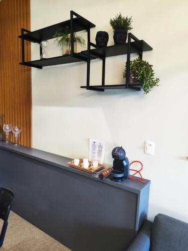 a room with two black shelves on the wall at Studio, espaço inteiro in Bento Gonçalves