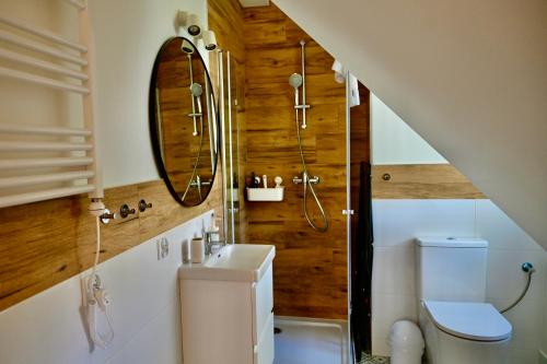 a bathroom with a toilet and a sink and a mirror at Żubrowe Sioło - dom w naturze - najładniejsze widoki - nowość in Białowieża