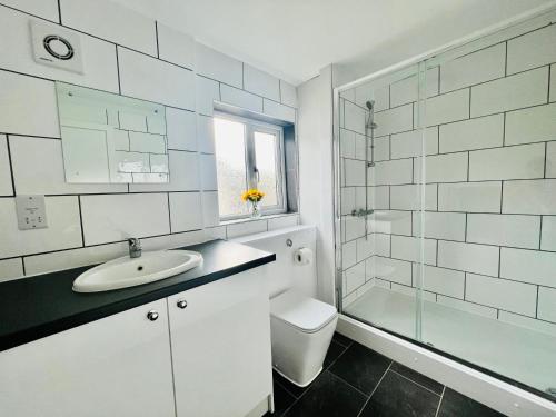 a bathroom with a sink and a toilet and a shower at Spacious 6 Bedroom House with Free Parking for Contractors and Business in Basildon