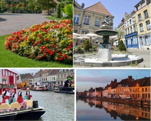 a collage of pictures of a city and a boat on a river at Le Bleu OMER - Jacuzzi & Netflix - Terrasse privée I Coeur de ville & Transports - Idéal FAMILLE - OFFRE SPÉCIALE in Saint-Omer